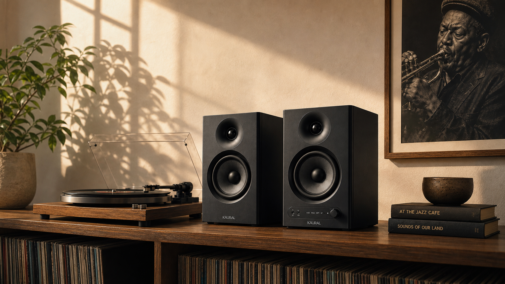 Two black speakers placed on a wooden shelf in a styled room setting with a record player, plant, framed wall art, and books.
