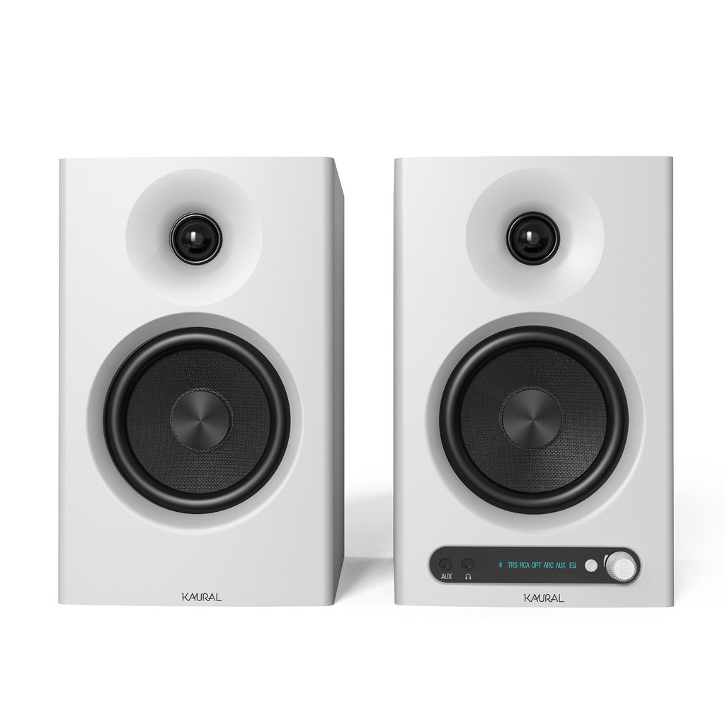 Pair of white kaural ms 404 studio monitors on a white background