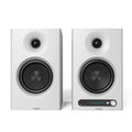 Pair of white kaural ms 404 studio monitors on a white background