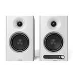 Pair of white kaural ms 404 studio monitors on a white background