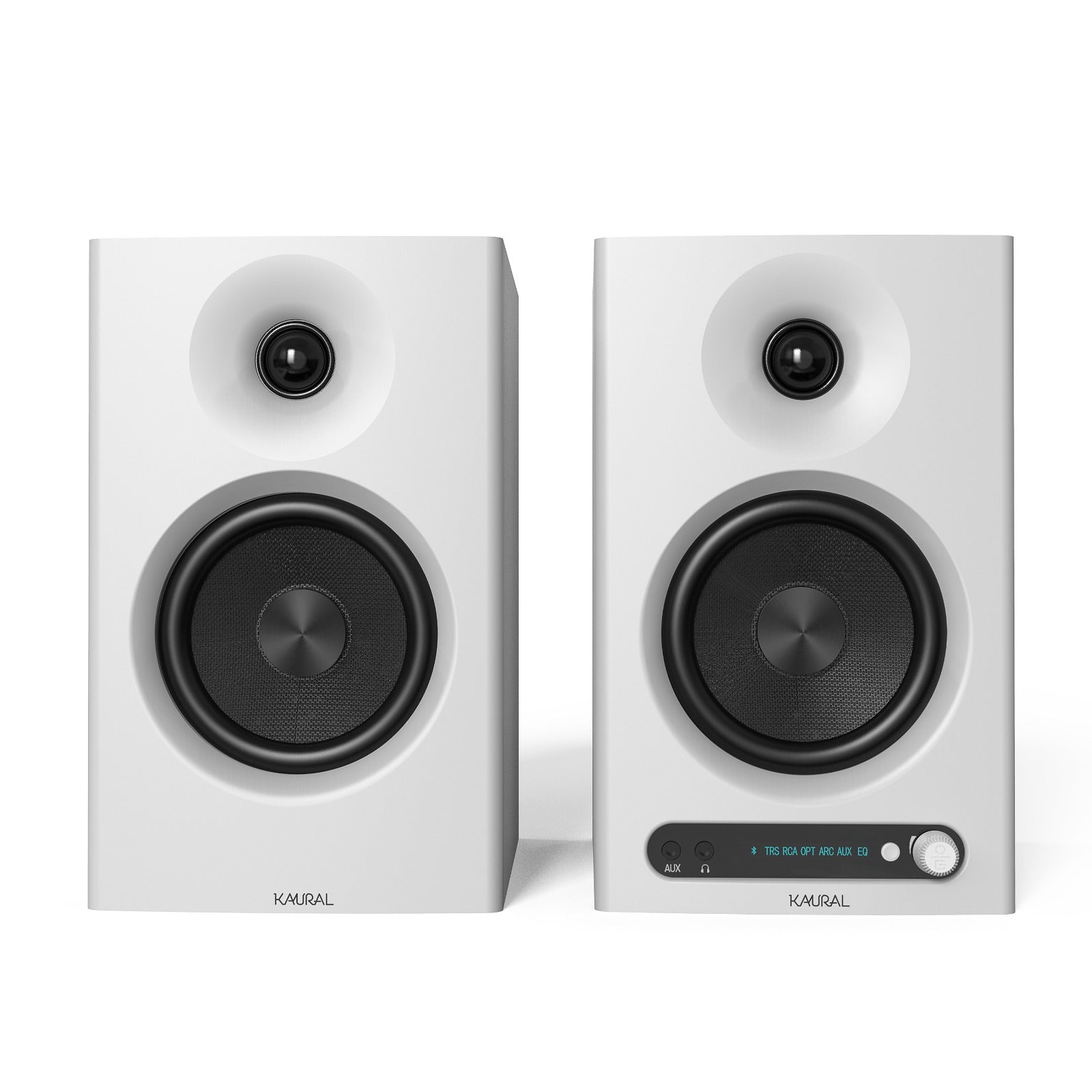 Pair of white kaural ms 404 studio monitors on a white background