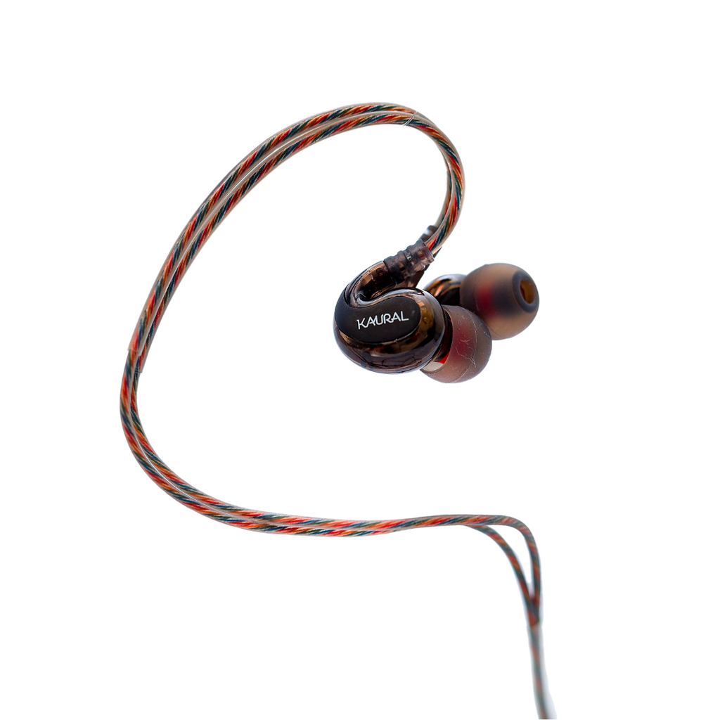 In-ear headphones with a colorful cable on a white background
