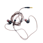 In-ear headphones with a coiled cable on a white background