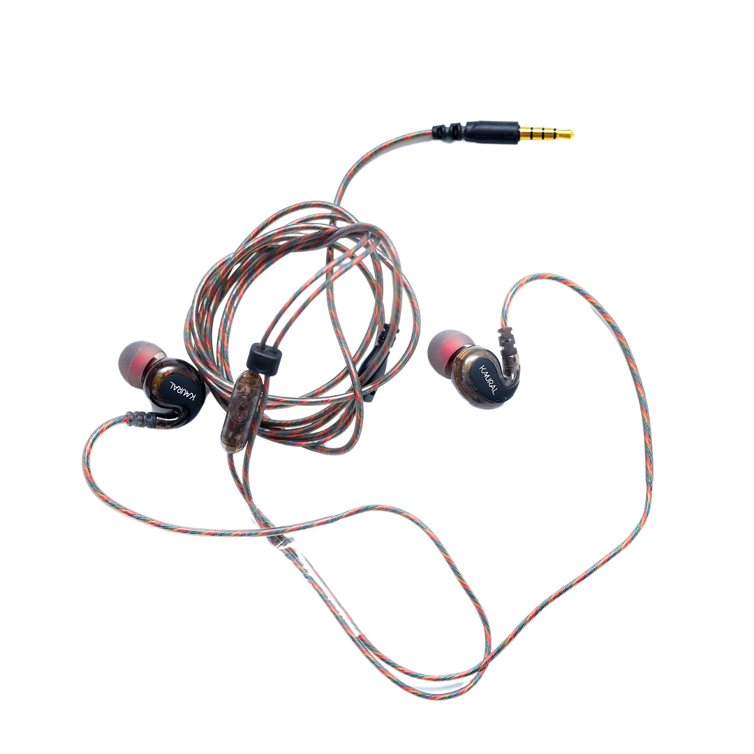 In-ear headphones with a coiled cable on a white background