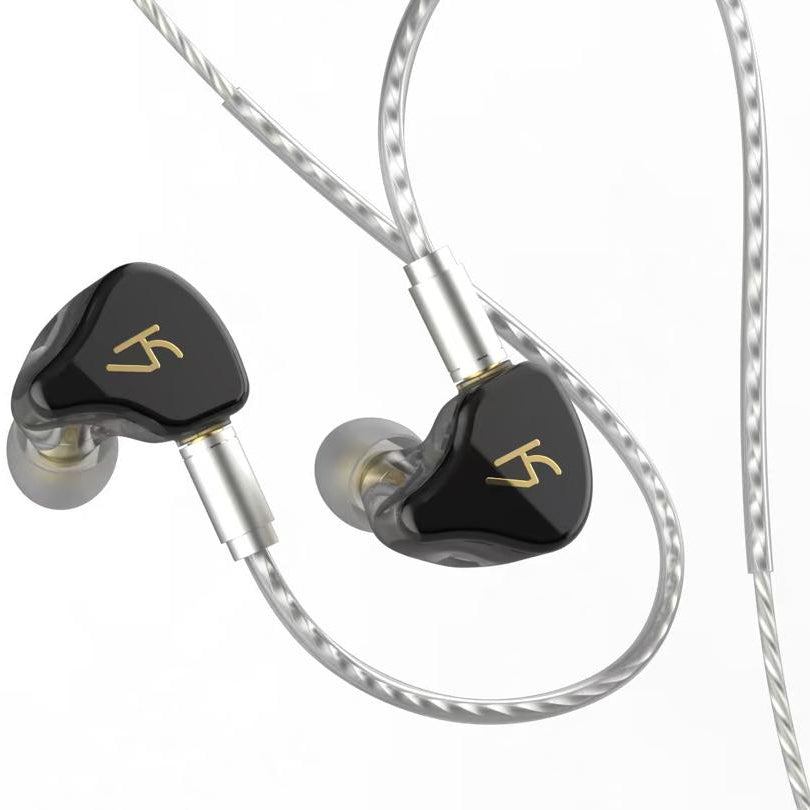 Pair of black in-ear headphones with gold accents on a white background
