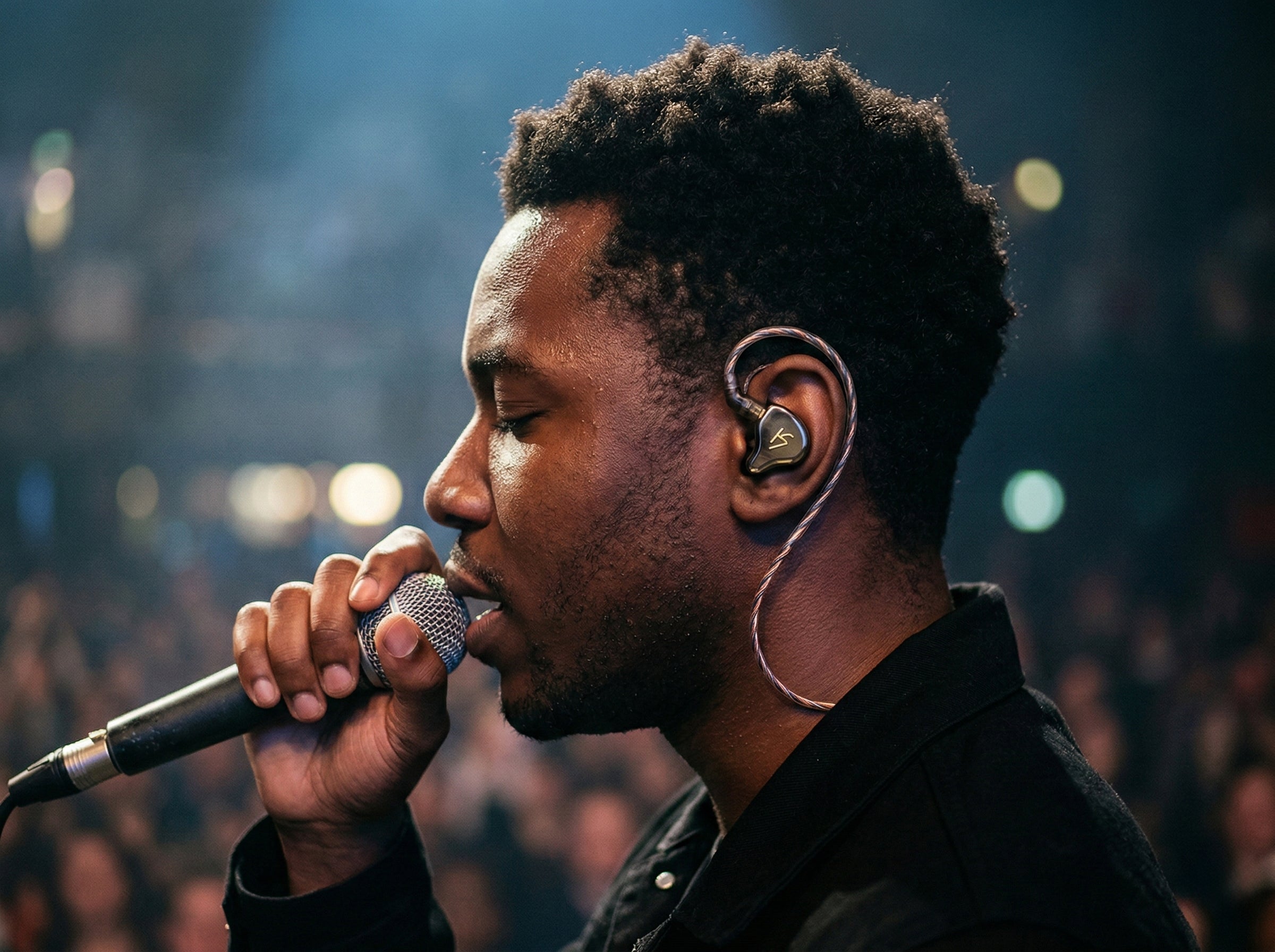 Man singing into a microphone with a blurred audience in the background